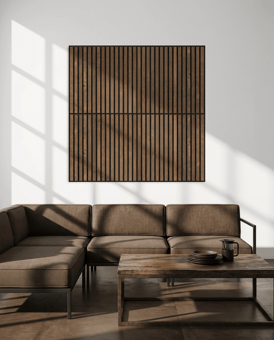 Modern living room featuring a brown sectional and WoodUpp Akupixel acoustic panels in Oxide Copper and Black Felt, with sunlight casting on white walls.